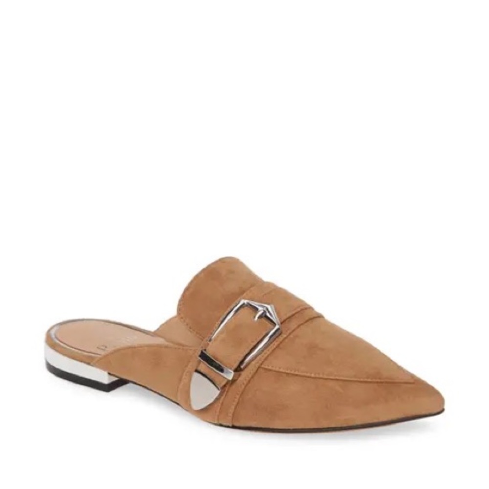 Tan Suede Pointed Mule with Silver Buckle